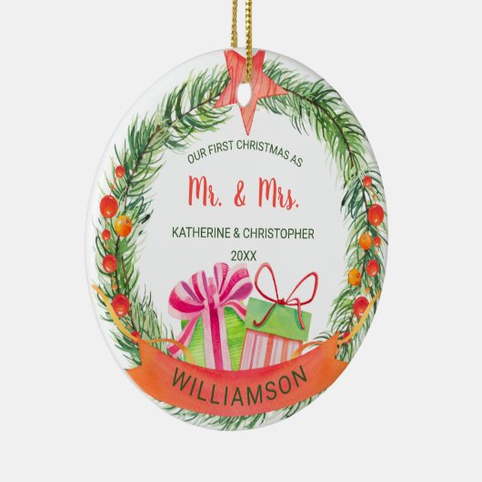 私たちの初めてのクリスマスさんそしてミセス |かわいらしリース セラミックオーナメント (右)