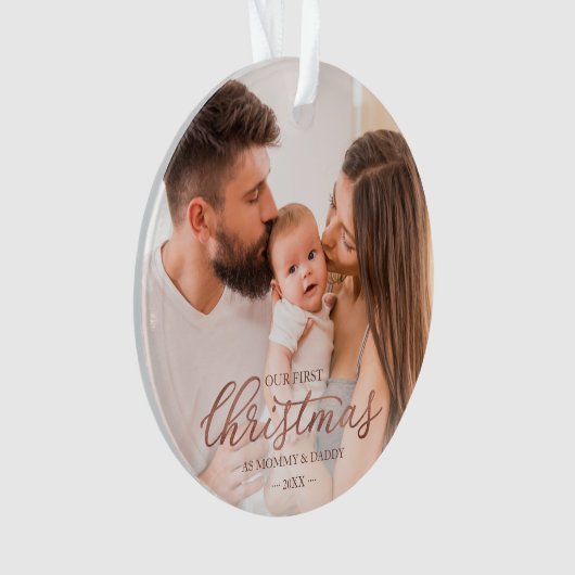 私たちの初めてのクリスマスとしてママとパパバラゴールドフォイル オーナメント (正面)