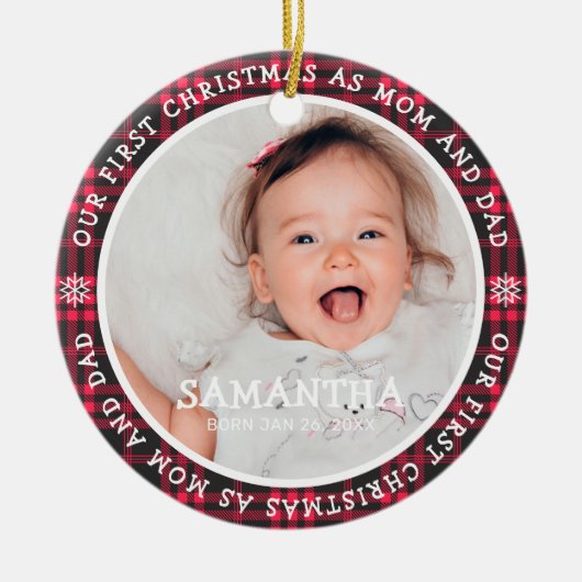 私たちの初めてのクリスマスとしてママ&パパは2枚の写真 セラミックオーナメント (正面)