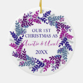 私たちの初めてのクリスマスとして叔母と叔父パープル セラミックオーナメント (裏面)