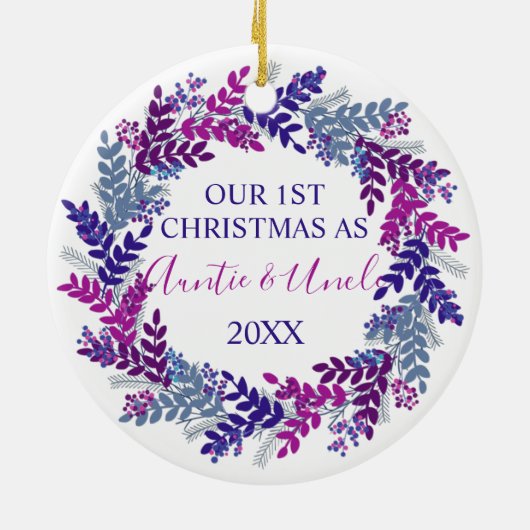私たちの初めてのクリスマスとして叔母と叔父パープル セラミックオーナメント (裏面)
