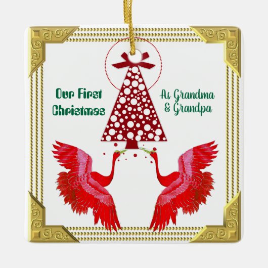 私たちの初めてのクリスマスとして祖母グランドパ2スワンおもしろい セラミックオーナメント (正面)