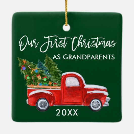 私たちの初めてのクリスマスとして祖父母トラックグリーン セラミックオーナメント (裏面)