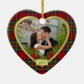 私たちの初めてのクリスマスのタータンチェック写真クリスマス セラミックオーナメント (正面)