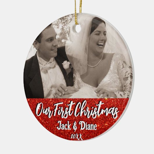 私たちの初めてのクリスマスのニューパーソナライズされたリュウズ写真 セラミックオーナメント (左)