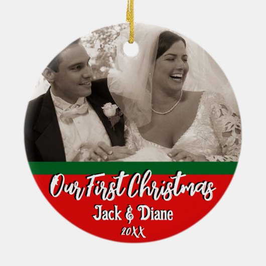私たちの初めてのクリスマスのニューパーソナライズされたリュウズ写真 セラミックオーナメント (裏面)