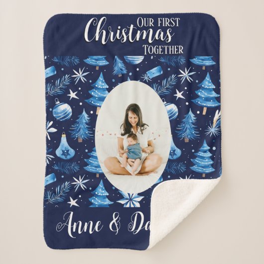 私たちの初めてのクリスマスのベビーマザーブルー シェルパブランケット (正面)