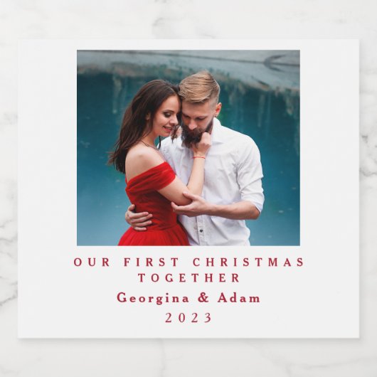 私たちの初めてのクリスマスの一緒パーソナライズされた写真 スパークリングワインラベル (シングルラベル)