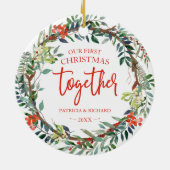 私たちの初めてのクリスマスの一緒素朴リース セラミックオーナメント (裏面)
