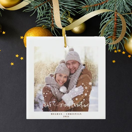 私たちの初めてのクリスマスの両面フォトホリデー セラミックオーナメント