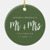 私たちの初めてのクリスマスの写真Mr.とMrs. セラミックオーナメント (裏面)