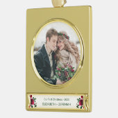 私たちの初めてのクリスマスの新しいフォトウォーターカラーバラ ゴールドプレートバナーオーナメント (左)