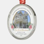 私たちの初めてのクリスマスの新しいホームホリデーフォト メタルオーナメント (左)