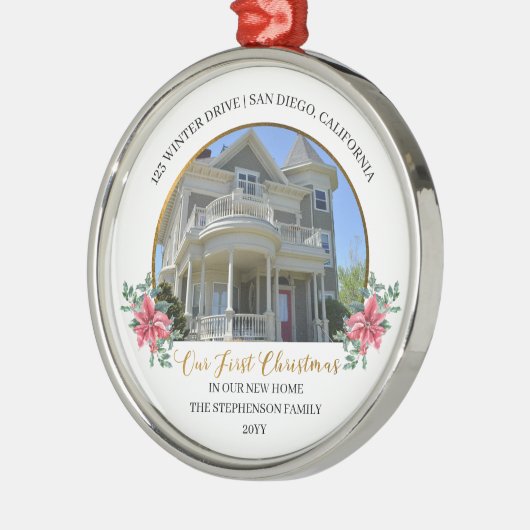 私たちの初めてのクリスマスの新しいホームホリデーフォト メタルオーナメント (左)