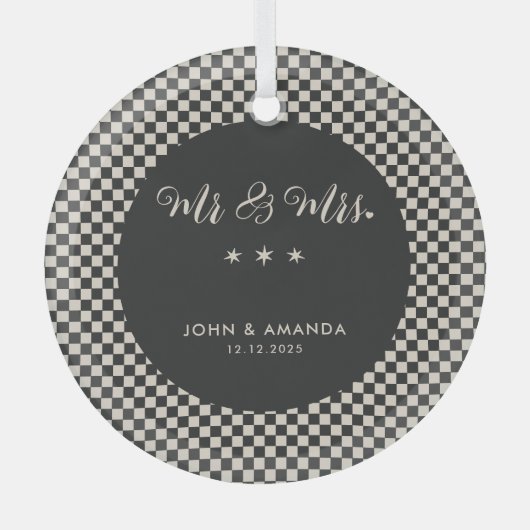 私たちの初めてのクリスマスの新しいレトロミスターとミセス ガラスオーナメント (正面)