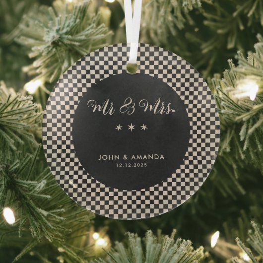 私たちの初めてのクリスマスの新しいレトロミスターとミセス ガラスオーナメント (インサイチュ)