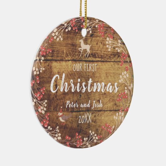 私たちの初めてのクリスマスの非性夫婦の素朴な セラミックオーナメント (右)
