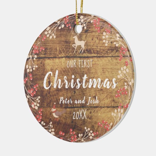 私たちの初めてのクリスマスの非性夫婦の素朴な セラミックオーナメント (左)