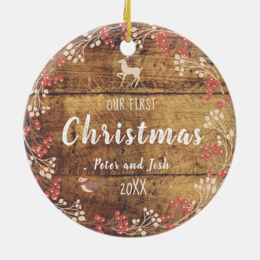 私たちの初めてのクリスマスの非性夫婦の素朴な セラミックオーナメント (裏面)