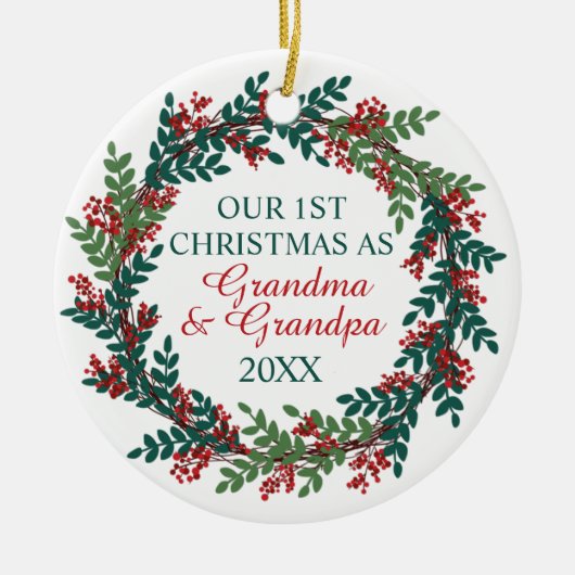 私たちの初めてのクリスマスはおばあちゃんとおじいちゃんリース セラミックオーナメント (正面)