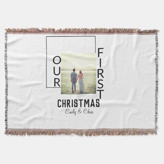 私たちの初めてのクリスマスはカップル名の写真を追加ミニマル スローブランケット (正面)
