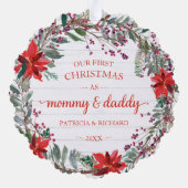 私たちの初めてのクリスマスはママ&パパ素朴リース オーナメントカード (裏面)