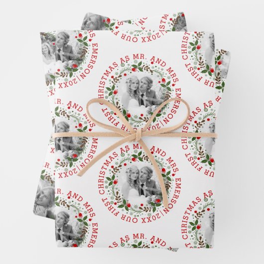 私たちの初めてのクリスマスはミスターとミセスの3つの写真として ラッピングペーパーシート (インサイチュ)