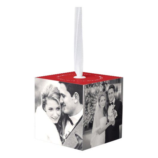 私たちの初めてのクリスマスはミスター・アンド・ミセス結婚の写真として キューブオーナメント (裏面アングル)