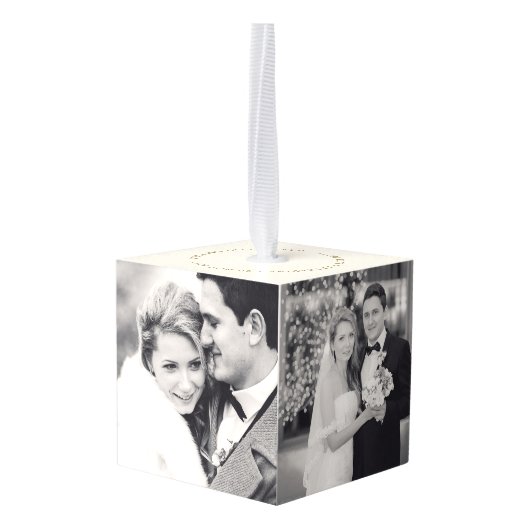 私たちの初めてのクリスマスはミスター・アンド・ミセス結婚の写真として キューブオーナメント (裏面アングル)
