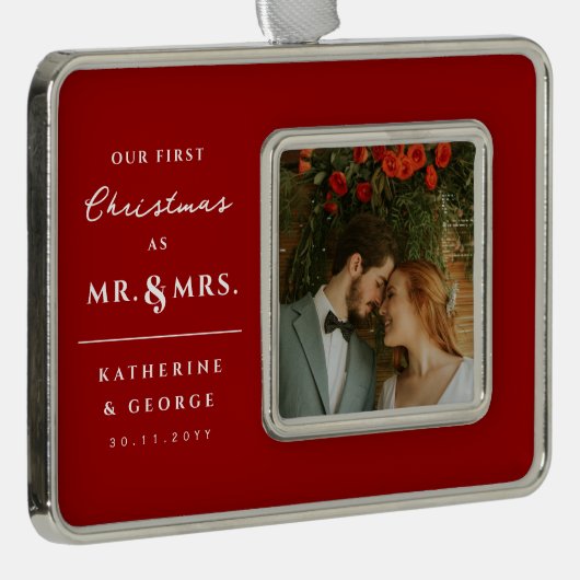 私たちの初めてのクリスマスはミスター・アンド・ミセス結婚の写真として シルバープレートフレームオーナメント (右)