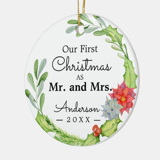 私たちの初めてのクリスマスはミスター・アンド・ミセス・フローラリース セラミックオーナメント (左)