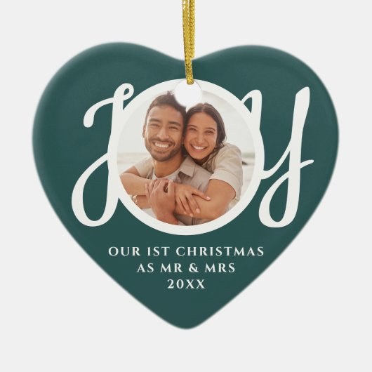 私たちの初めてのクリスマスはミスター&ミセス写真ハートの形 セラミックオーナメント (正面)