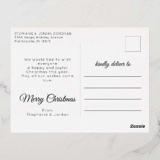 私たちの初めてのクリスマスはミスター&ミセス・ニューライヴァーズ金ゴールド 箔シーズンポストカード (裏面)