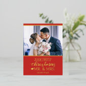 私たちの初めてのクリスマスはミスター&ミセス・ニューライヴァーズ金ゴールド 箔シーズンポストカード (立ち正面)