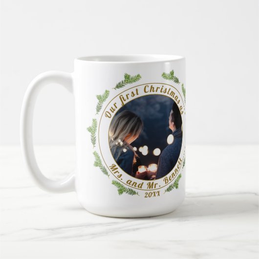 私たちの初めてのクリスマスはミセスMr.スクリプト写真 コーヒーマグカップ (左)