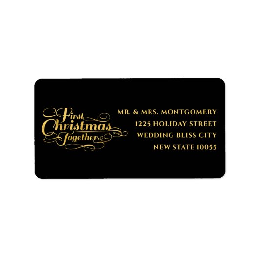 私たちの初めてのクリスマスは一緒にゴールデンスクリプトアドレス ラベル (正面)