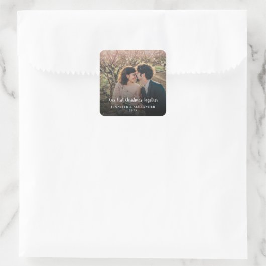 私たちの初めてのクリスマスは一緒にスクリプトフォト スクエアシール (バッグ)