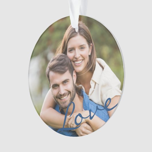 私たちの初めてのクリスマスは一緒に写真の愛のスクリプト オーナメント (正面)