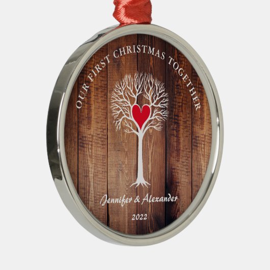私たちの初めてのクリスマスは一緒に木の素朴な木を愛している メタルオーナメント (右)