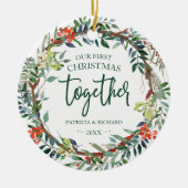 私たちの初めてのクリスマスは一緒に素朴リースセラミック セラミックオーナメント (正面)