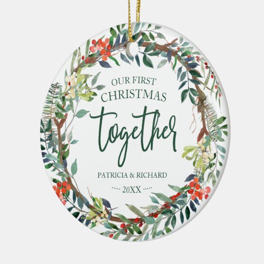 私たちの初めてのクリスマスは一緒に素朴リースセラミック セラミックオーナメント (左)
