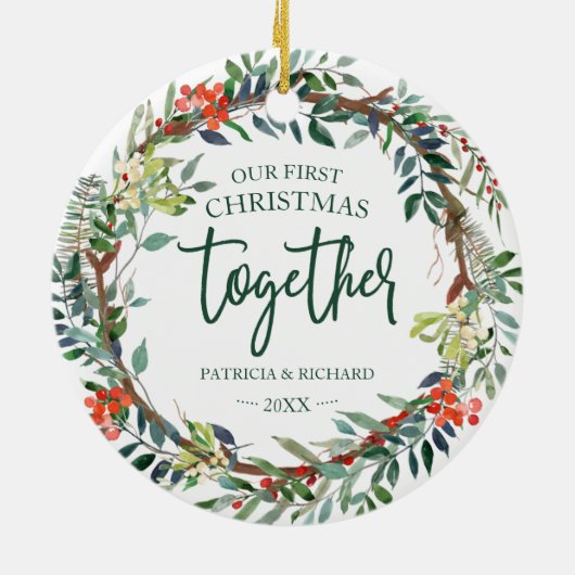 私たちの初めてのクリスマスは一緒に素朴リースセラミック セラミックオーナメント (裏面)