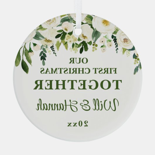 私たちの初めてのクリスマスは一緒パーソナライズされたにカップル ガラスオーナメント (裏面)