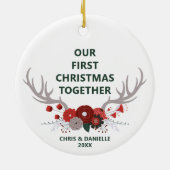 私たちの初めてのクリスマスは一緒パーソナライズされた〔雄ジカの〕枝角 セラミックオーナメント (裏面)