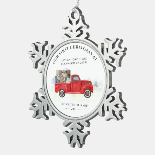 私たちの初めてのクリスマスは休日のために私たちの新しい家 スノーフレークピューターオーナメント (右)