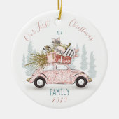 私たちの初めてのクリスマスは家族の水の色の車 セラミックオーナメント (正面)