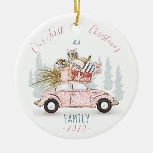 私たちの初めてのクリスマスは家族の水の色の車 セラミックオーナメント (正面)
