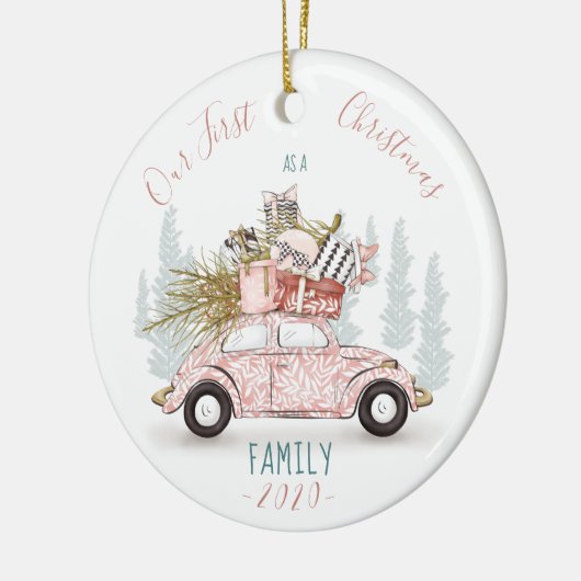 私たちの初めてのクリスマスは家族の水の色の車 セラミックオーナメント (左)