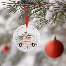 私たちの初めてのクリスマスは家族の水の色の車 セラミックオーナメント