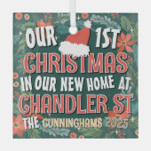 私たちの初めてのクリスマスは新しいホームはっきりしたリース ガラスオーナメント (正面)